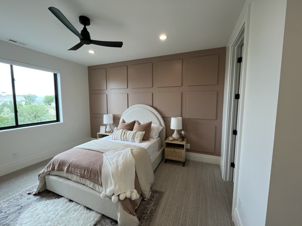 Grid wainscoting accent wall, bedroom